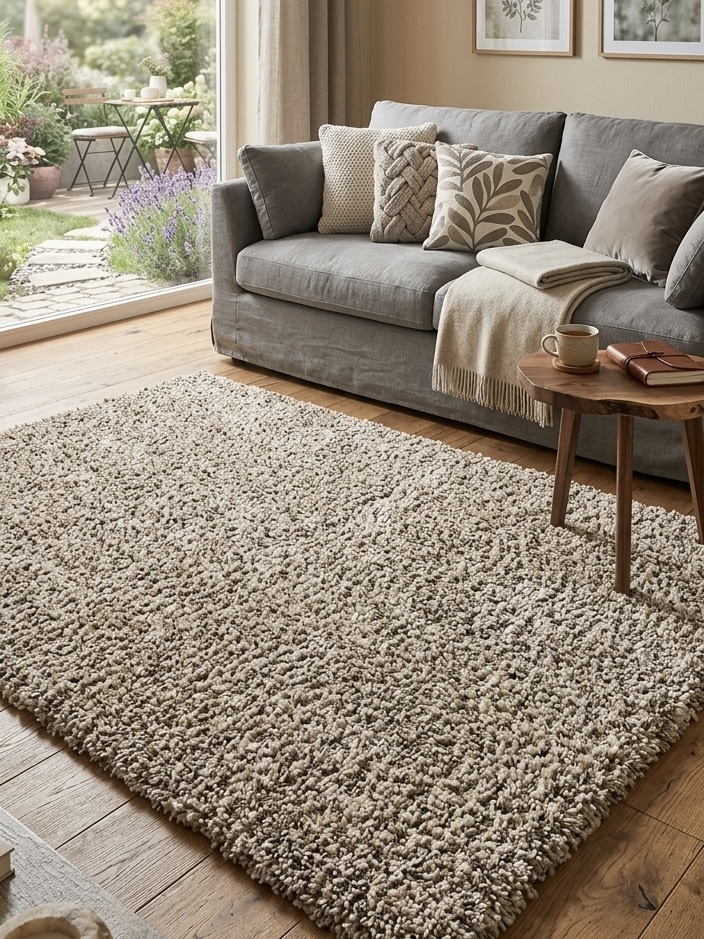 Flauschiger Hochflor-Teppich in Beige vor einem grauen Sofa im gemütlichen Wohnzimmer