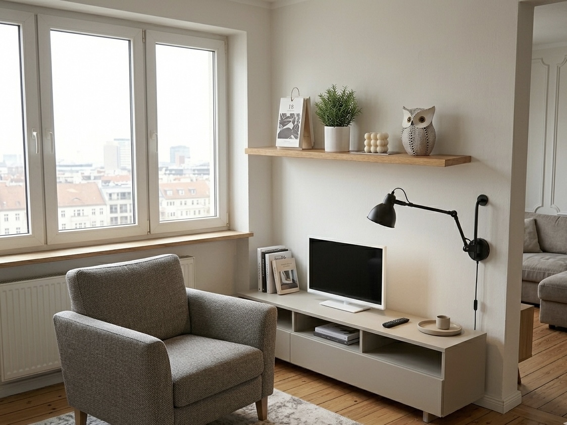 Schweberegal aus Eichenholz an der Wand, dekoriert mit Pflanze und Büchern