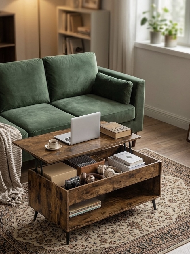 Höhenverstellbarer Couchtisch mit Stauraum und hochgeklappter Platte vor einem Sofa