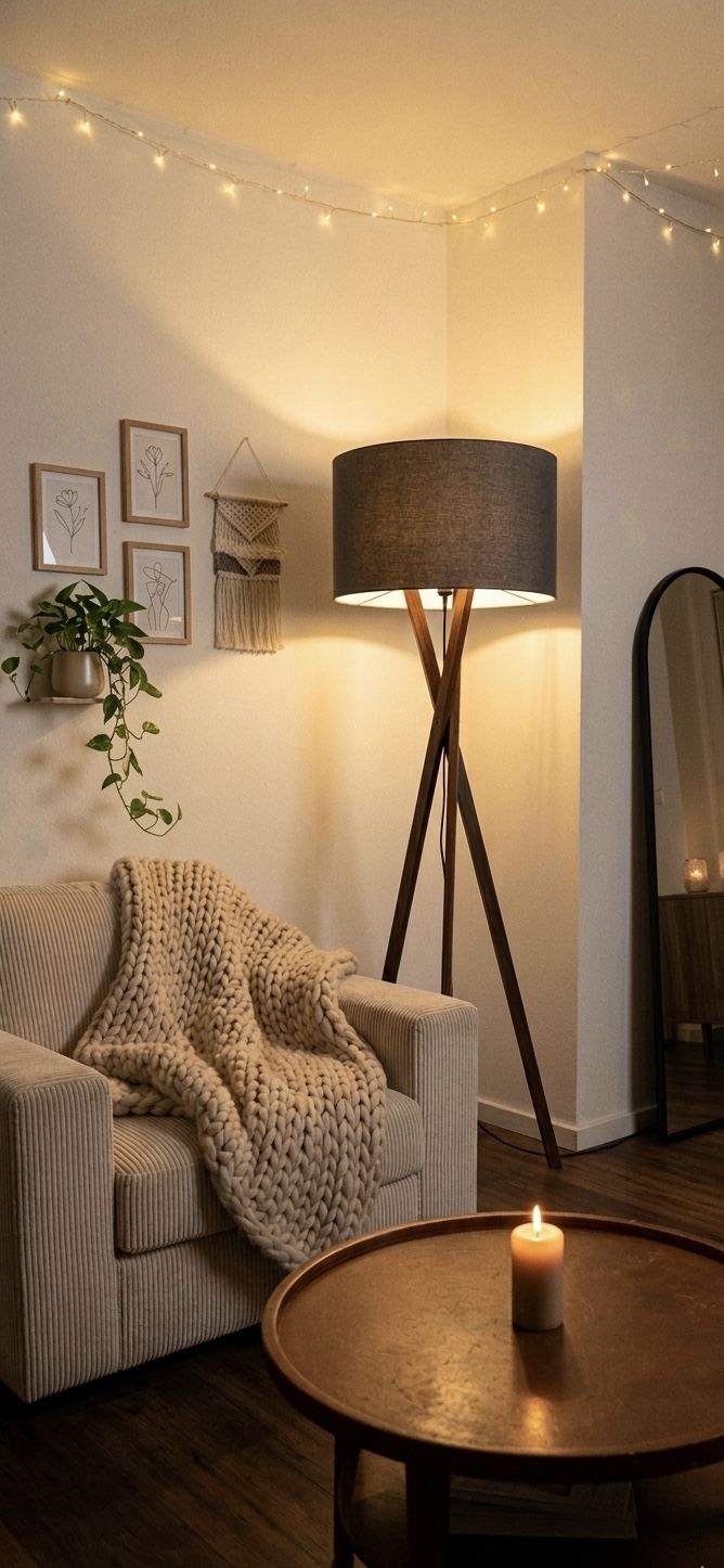 Lucande Stehlampe Auriane Tripod Holz Stoffschirm