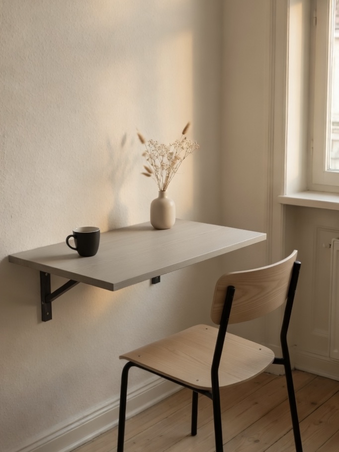 Wandklapptisch in heller Eiche-Optik, an der Wand montiert als kleine Arbeitsecke