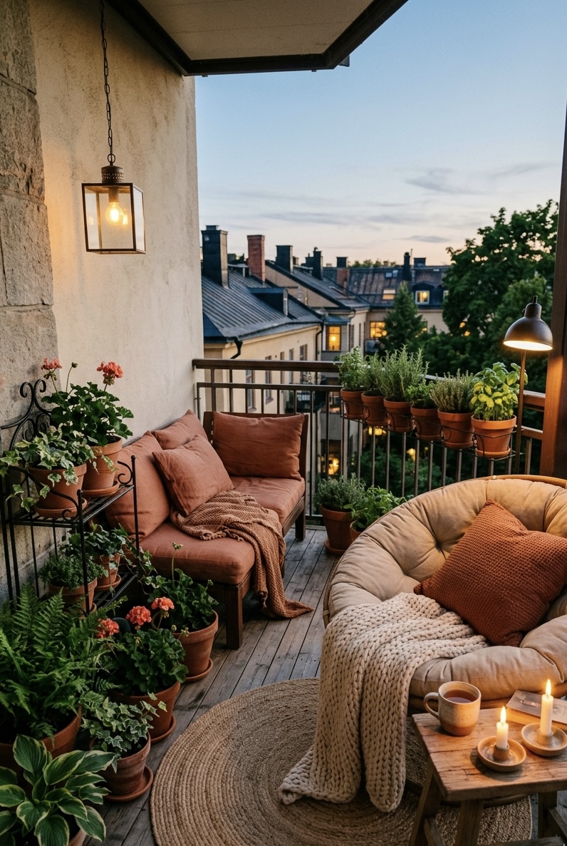 Gemütlicher Balkon am Abend mit Papasan-Sessel, Pflanzen und Kerzen