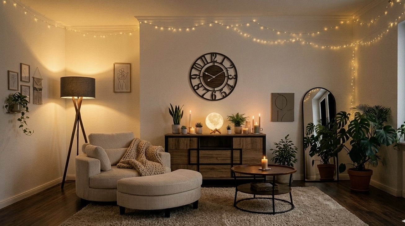 Gemütliches Wohnzimmer mit Sessel, Stehlampe und warmem Licht